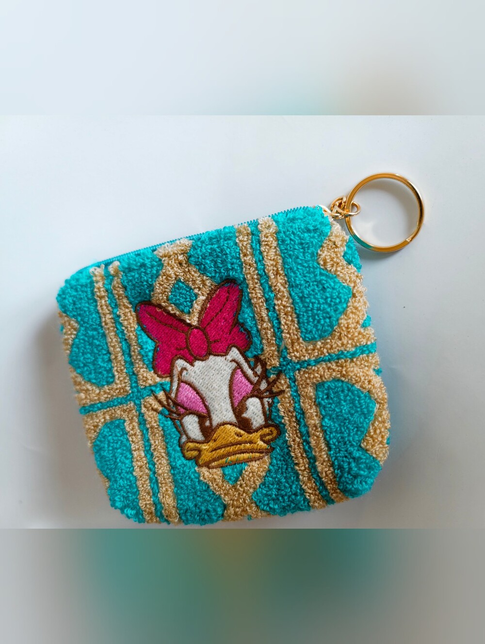 Turquoise Daisy Duck Embroidered Coin Pouch with Gold Ring